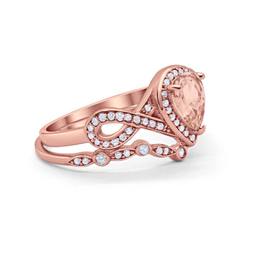 Teardrop Wedding Ring Piece Band Rose Tone Simulated Morganite CZ 925 Sterling Silver